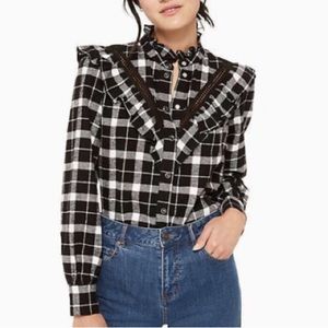High neck button up plaid shirt